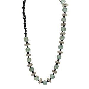 Handcrafted Recycled Green Glass Black Bead Necklace With Toggle Clasp